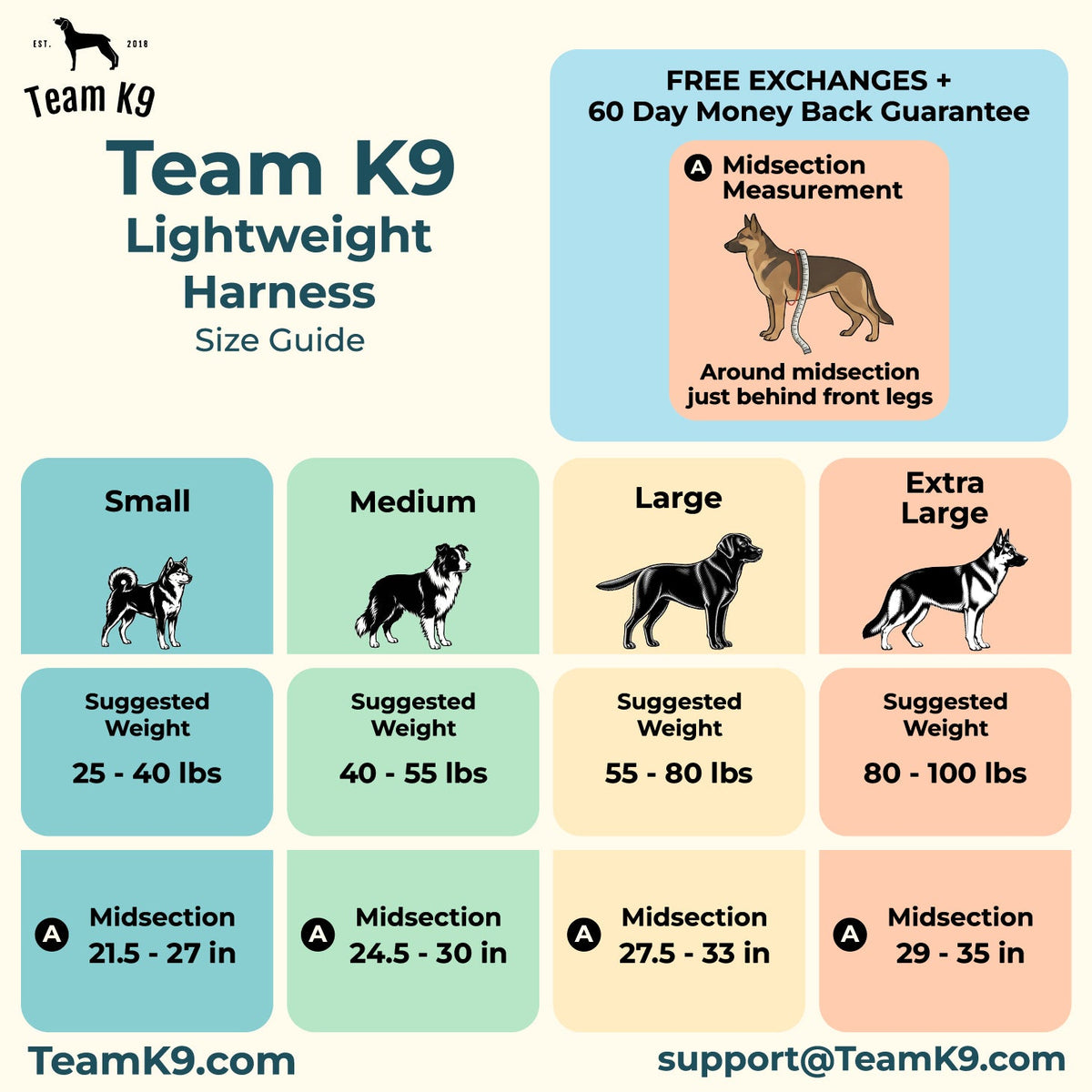 Team K9 Lightweight Harness Size Guide