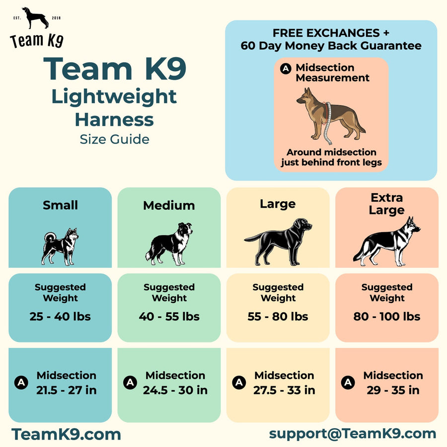 Team K9 lightweight harness size chart with weight and midsection for each size