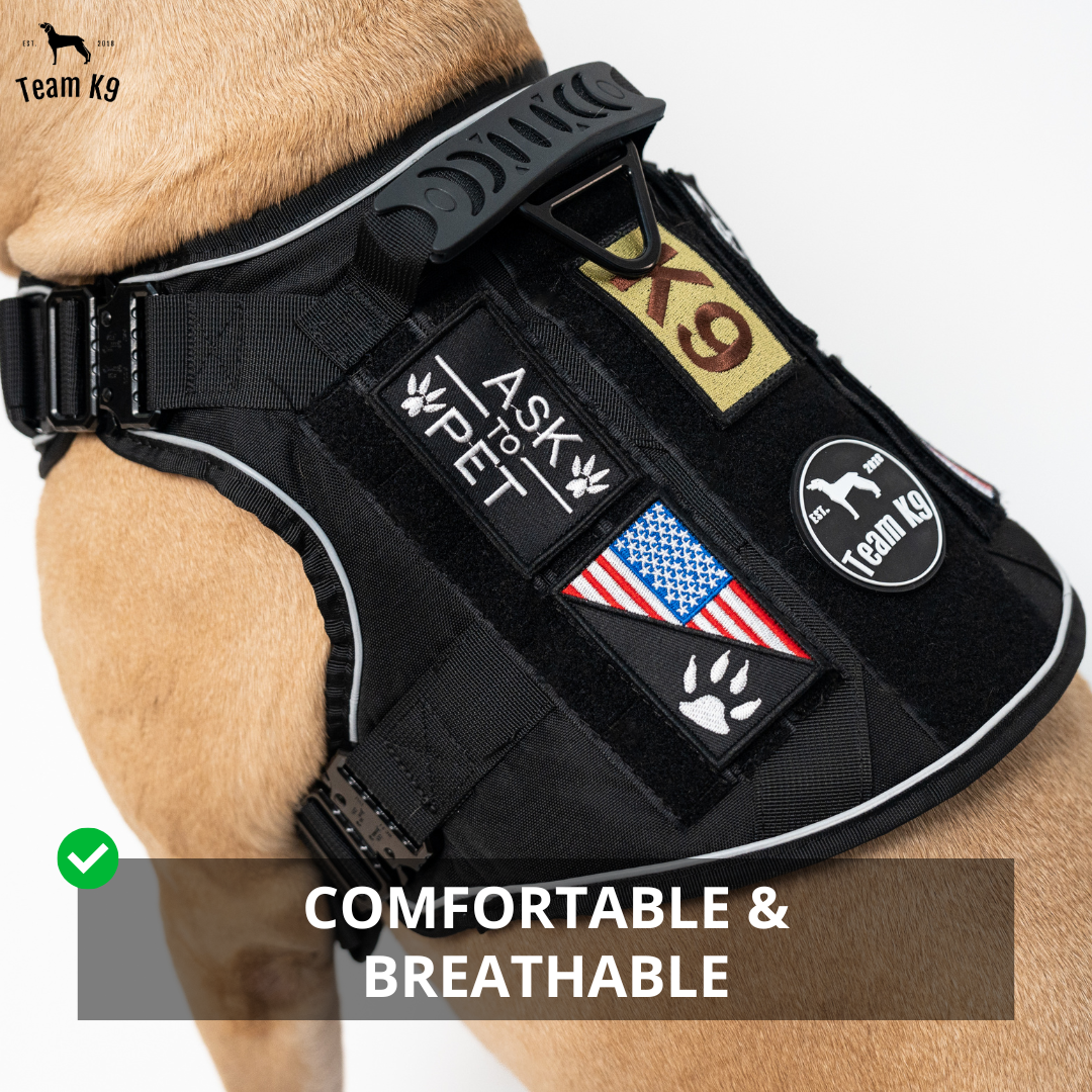 NEW Upgraded Tactical No-Pull Team K9™ Dog Harness with 4 Quick-Release Metal Buckles, Reinforced Front & Back D-Rings, Hook & Loop Panels, Adjustable Straps, Reflective Strips, & Top Handle