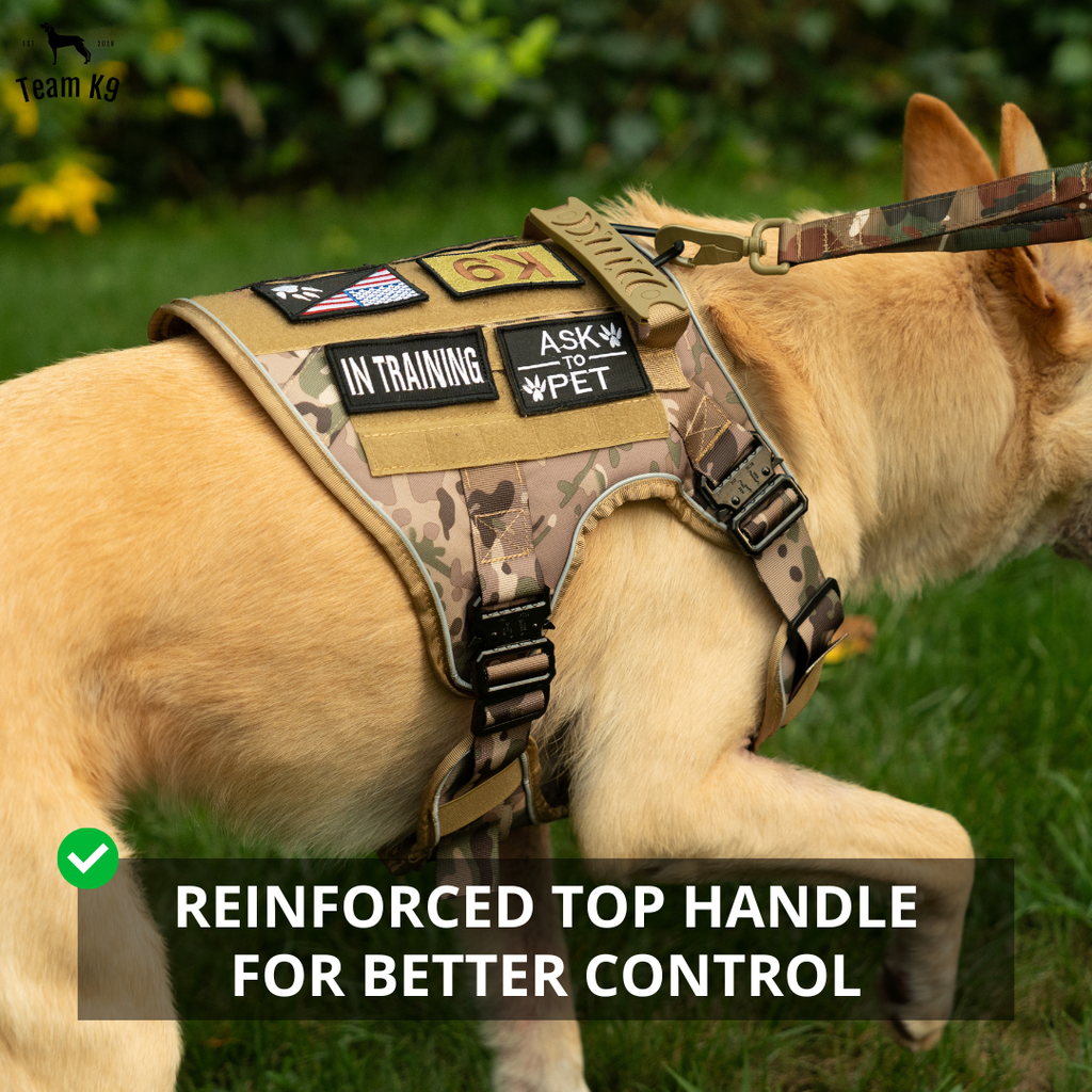 NEW Upgraded Tactical No-Pull Team K9™ Dog Harness with 4 Quick-Release Metal Buckles, Reinforced Front & Back D-Rings, Hook & Loop Panels, Adjustable Straps, Reflective Strips, & Top Handle