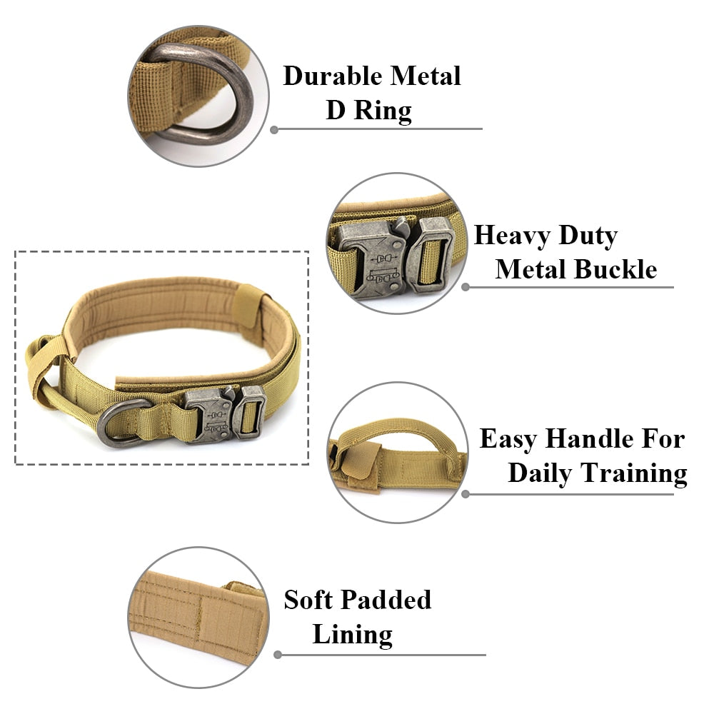 Metal-Buckle Tactical K9 Dog Collar With Hook & Loop Panel & Top Handle