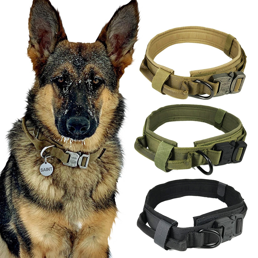 Metal-Buckle Tactical K9 Dog Collar With Hook & Loop Panel & Top Handle