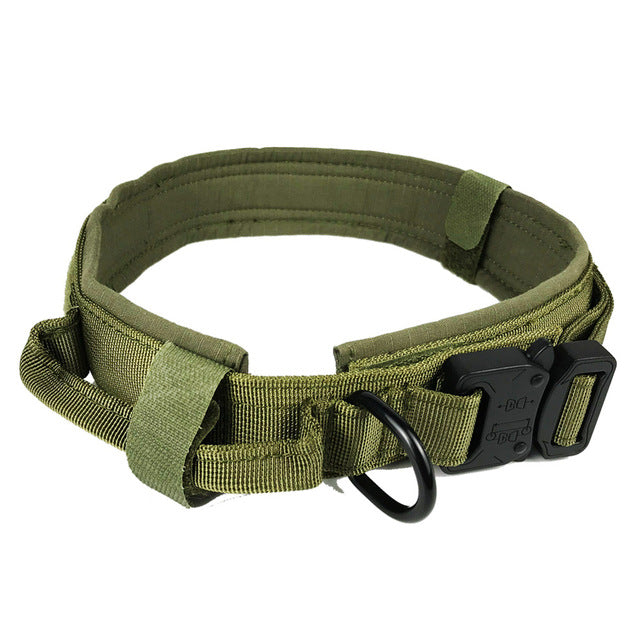 Metal-Buckle Tactical K9 Dog Collar With Hook & Loop Panel & Top Handle