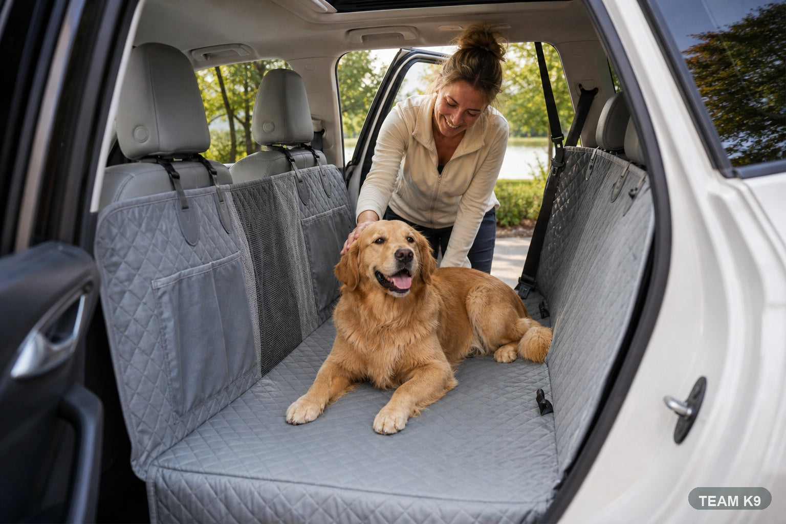 Dog riding in a clean Team K9 hard-bottom car seat cover setup