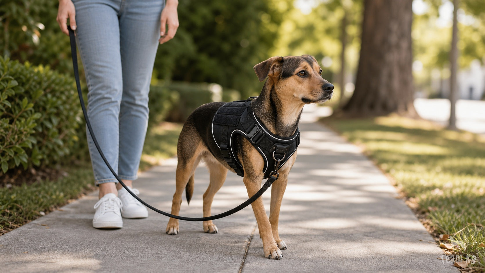 Dog walking on a neighborhood sidewalk in a black Team K9 all-metal tactical harness