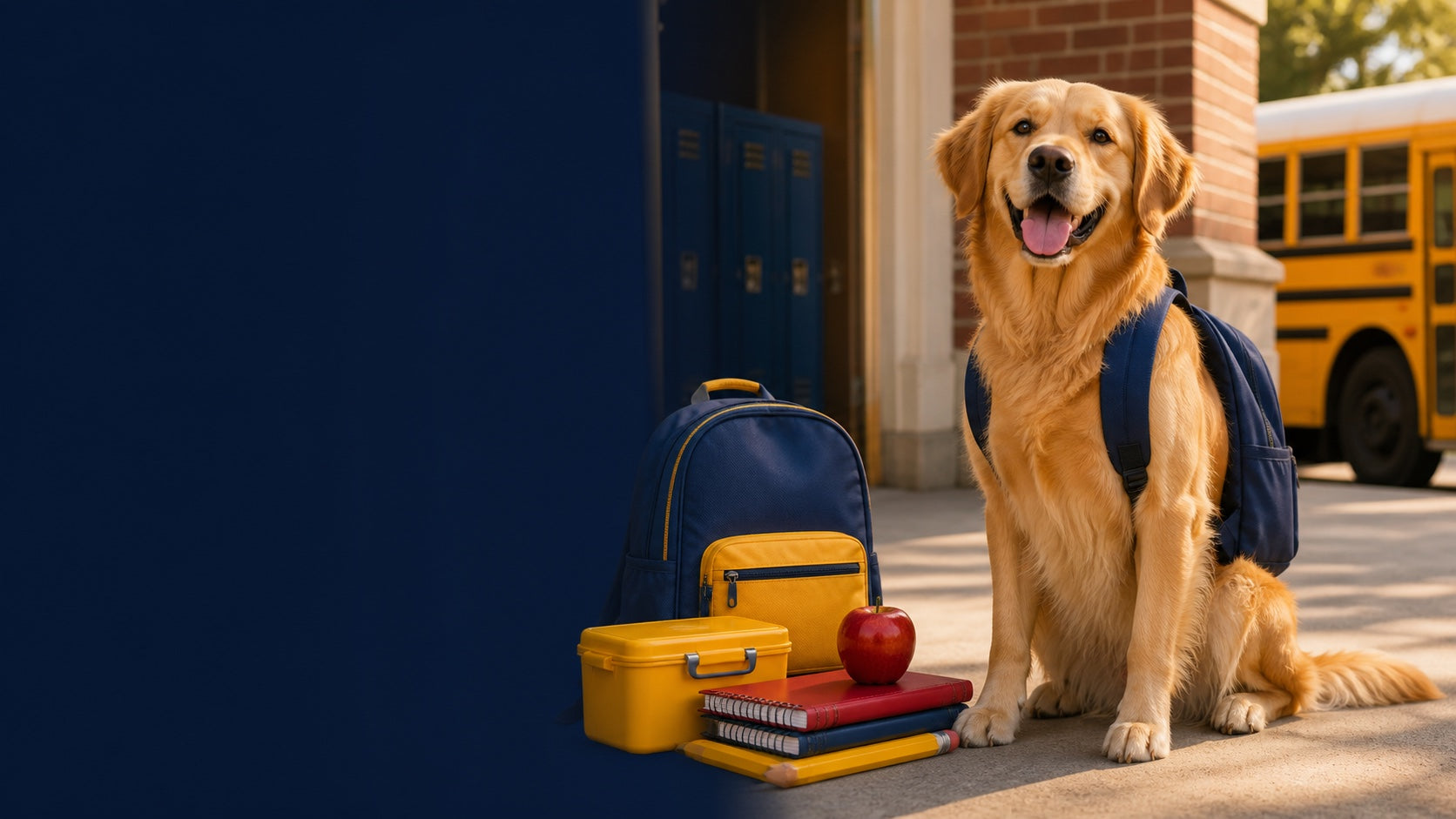 Golden retriever with a backpack, school supplies, and a school bus
