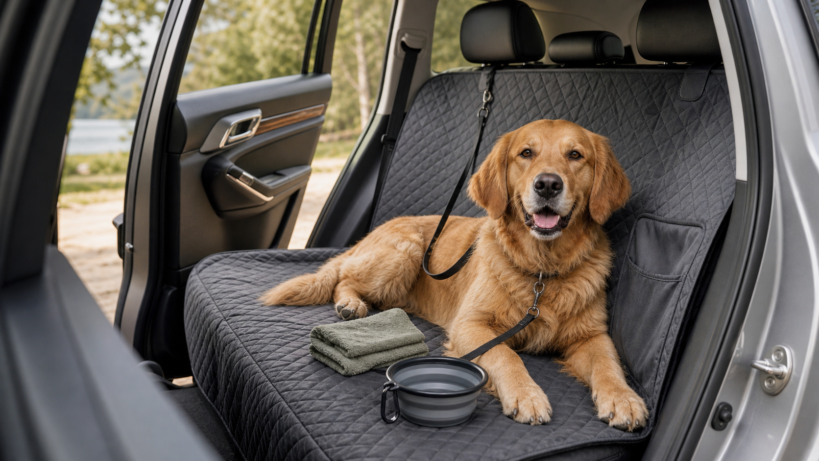 Dog resting on a protected back seat with a hard-bottom car seat cover