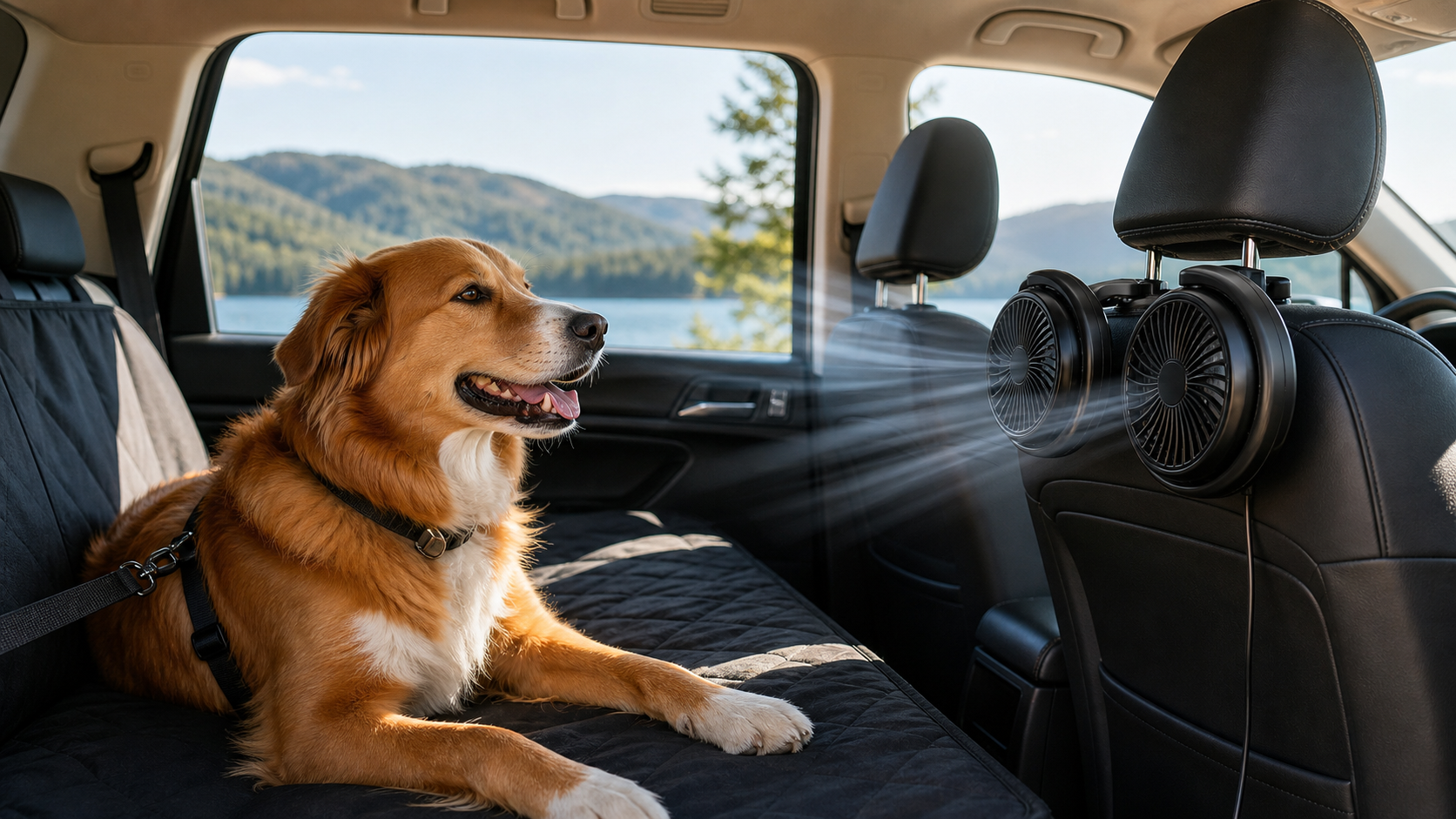 Dog relaxing in the back seat with Team K9 airflow fans nearby