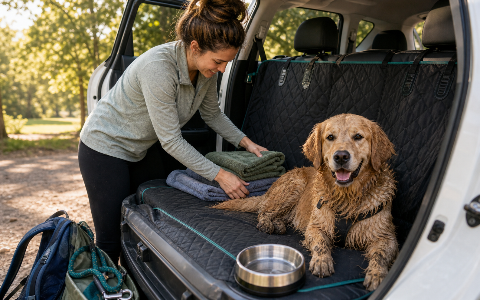 Dog parent organizing the back of an SUV while a dog rests nearby