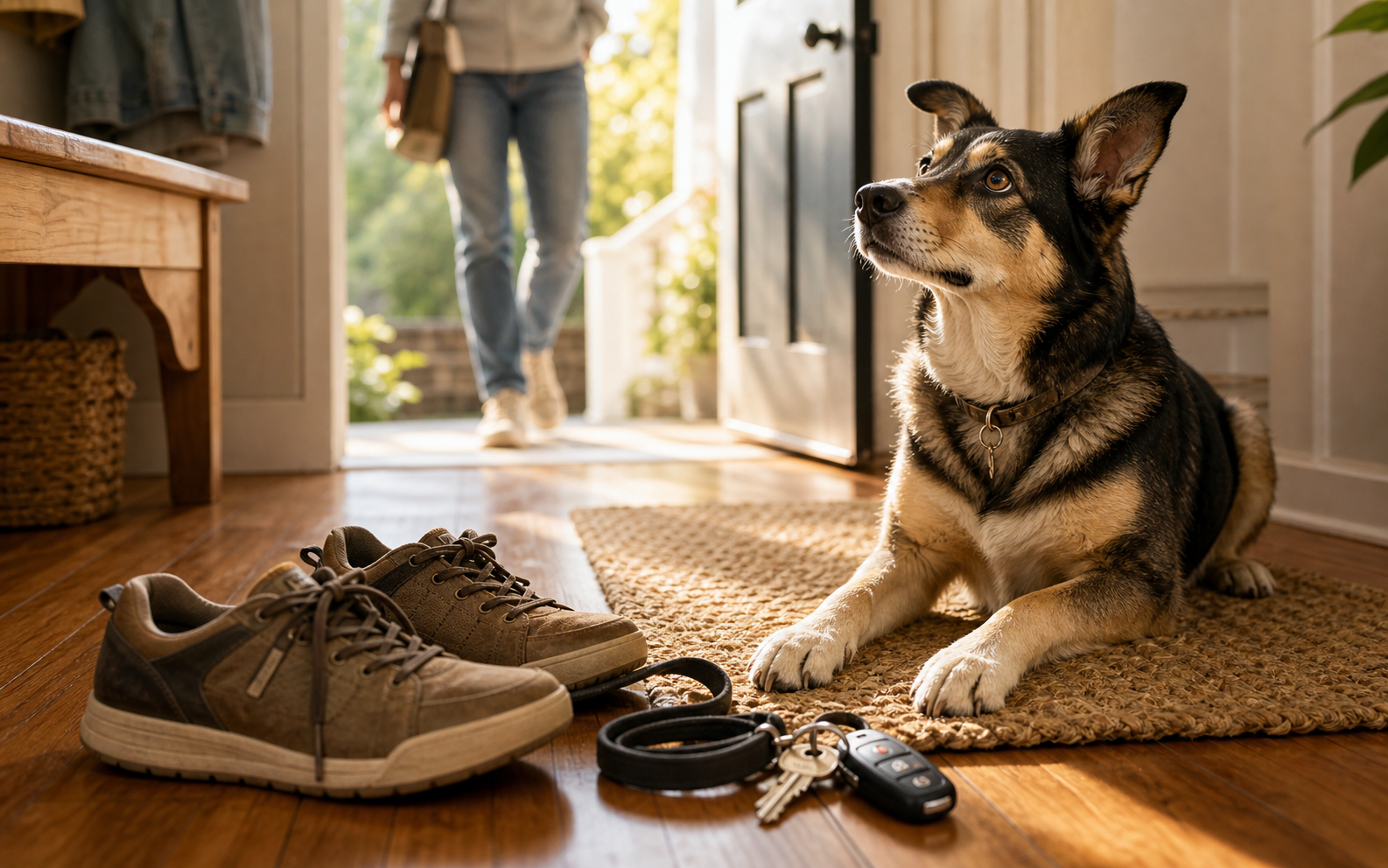 Dog watching from an entryway before a walk