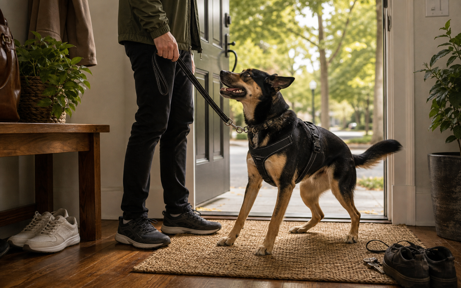 Dog waiting by the door before a walk starts
