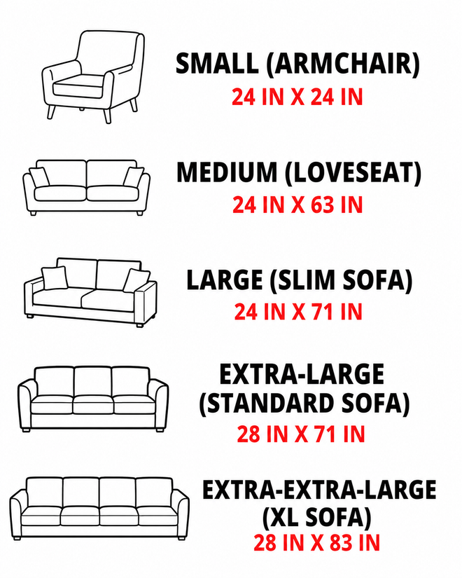 Armchair, loveseat, slim sofa, standard sofa, and XL sofa size comparison