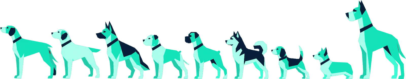 Nine different dogs standing in a row, drawn in the style of the Team K9 logo
