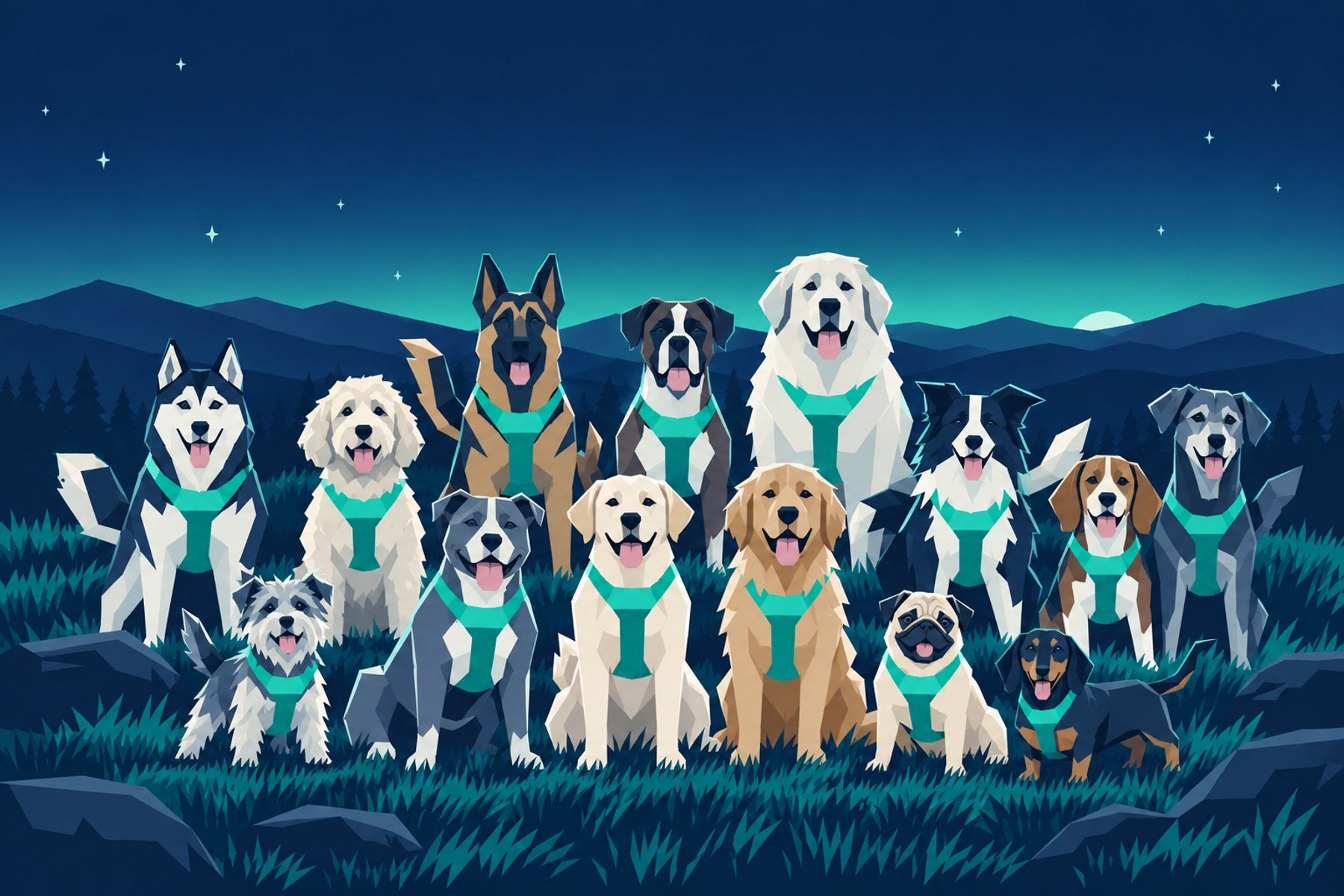 Illustration of dogs of different breeds posed like a team photo on a hilltop before sunrise, each in a teal harness, drawn in the style of the Team K9 logo