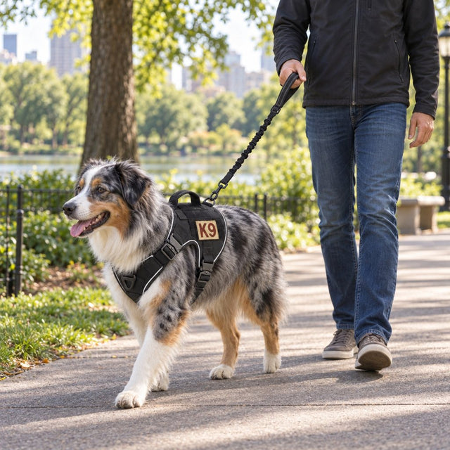 Australian shepherd walking on a leash in a black Team K9 tactical harness in a park