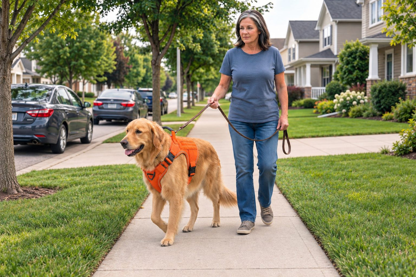 Golden Retriever in a Blaze Orange Team K9 harness walking beside its owner on a loose leash