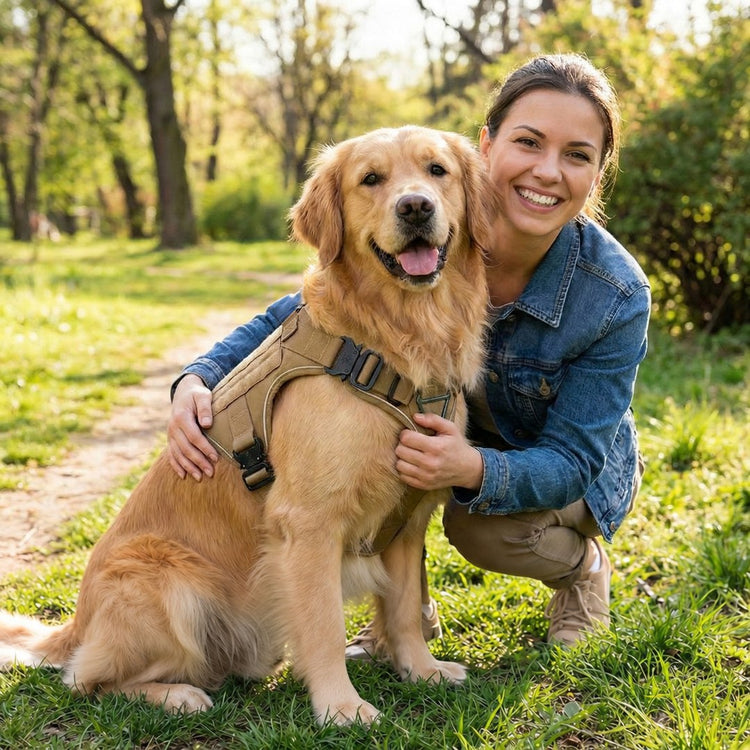 A woman hugging her Golden Retriever, who wears a Desert Brown Team K9 tactical harness
