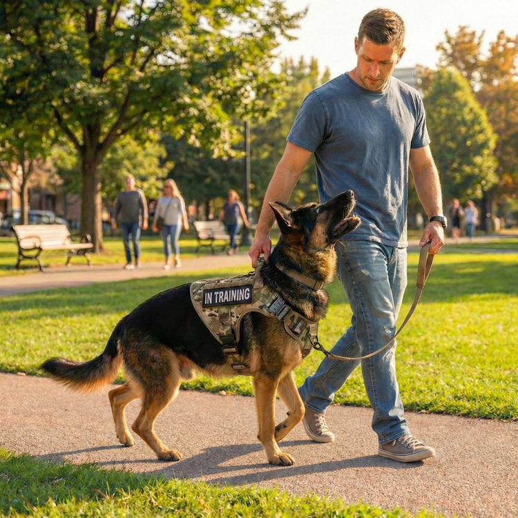 A German Shepherd in a MultiCam Team K9 harness with an In Training patch on a park walk