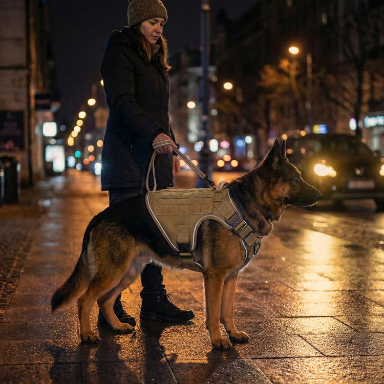 A German Shepherd in a Desert Brown Team K9 harness on a night walk, its reflective piping catching the street lights