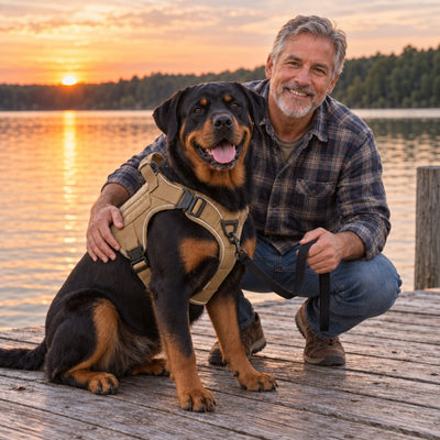 Rottweiler in a Desert Brown Team K9 harness sitting with its owner, who holds its leash, on a lake dock
