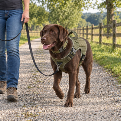 Chocolate Labrador in an Olive Drab Green harness and matching collar on a farm lane
