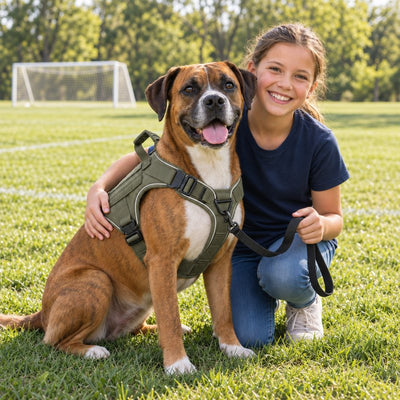 Boxer mix in an Olive Drab Green Team K9 harness sitting beside a girl who holds its leash at a soccer field