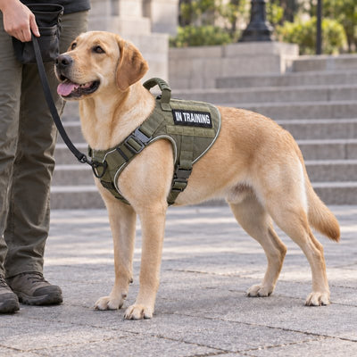 Young Labrador in an Olive Drab Green Team K9 harness with an In Training patch, on a leash beside its trainer in a city plaza