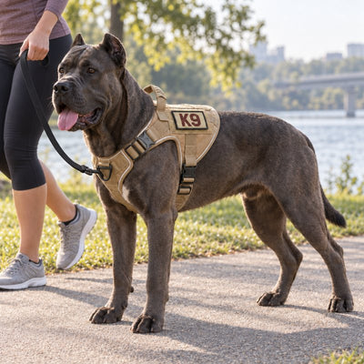 Cane Corso in a Desert Brown Team K9 harness with a K9 patch, on a leash on a riverside path