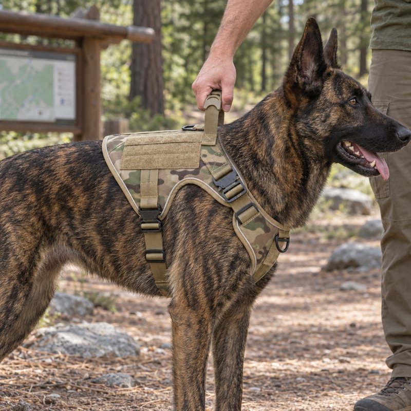 Dutch Shepherd in a MultiCam Team K9 harness held by the rubber grip of its top handle at a trailhead