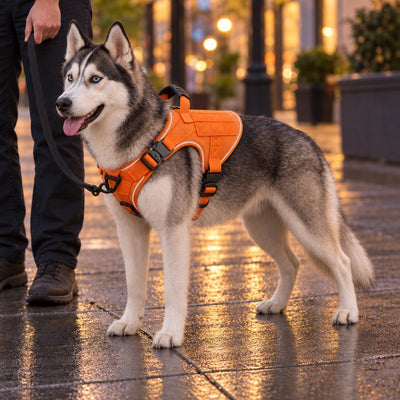 Husky in a Blaze Orange Team K9 harness on a leash on a city sidewalk at dusk, its reflective piping catching the street light