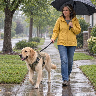 Yellow Labrador in a MultiCam Team K9 harness walking in the rain beside its owner