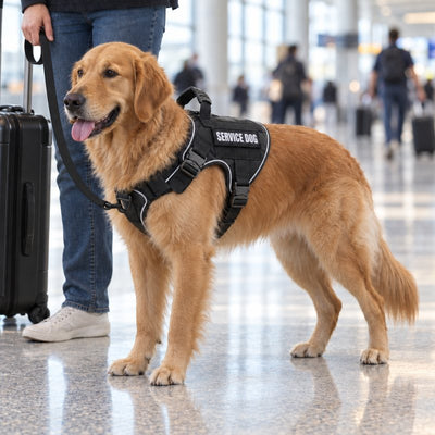 Golden Retriever in a K9 Black Team K9 harness with a Service Dog patch, on a short leash beside its handler in an airport terminal