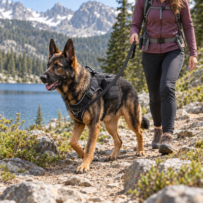 German Shepherd in a K9 Black Team K9 harness with a MOLLE pouch, on a leash on an alpine lake trail