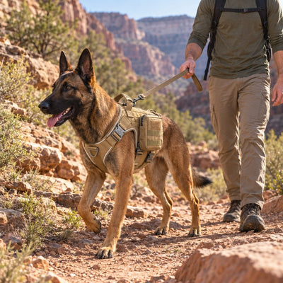 Belgian Malinois in a Desert Brown Team K9 harness with a MOLLE pouch in a desert canyon