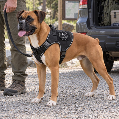 Boxer in a K9 Black Team K9 harness with the round Team K9 logo patch, on a leash at a trailhead