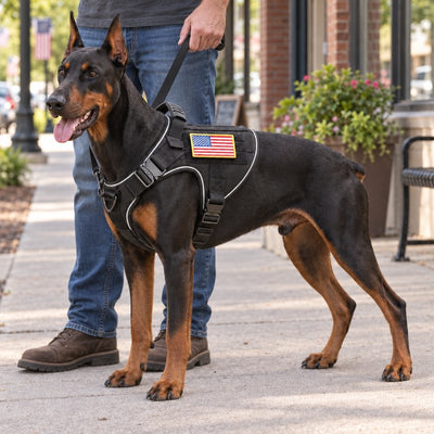 Doberman in a K9 Black Team K9 harness with a USA flag patch, on a leash on a main street