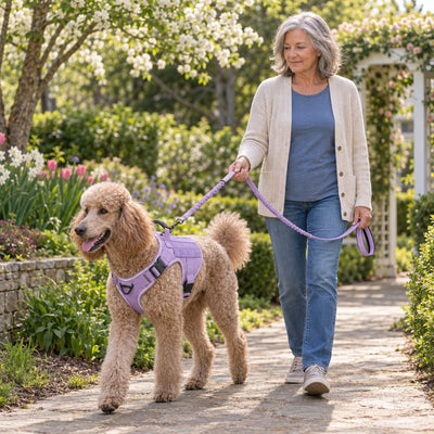 Standard Poodle in a Lavender Team K9 harness on the matching bungee leash in a garden