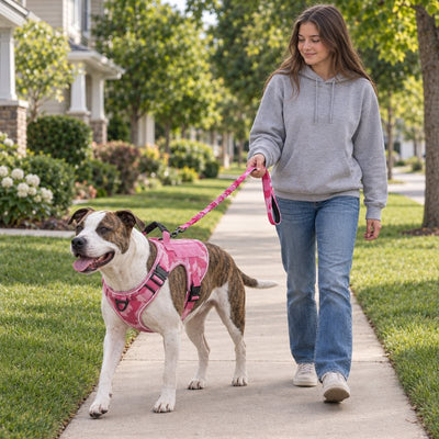 Pit bull mix in a Pink Camo Team K9 harness on the matching bungee leash on a suburban sidewalk
