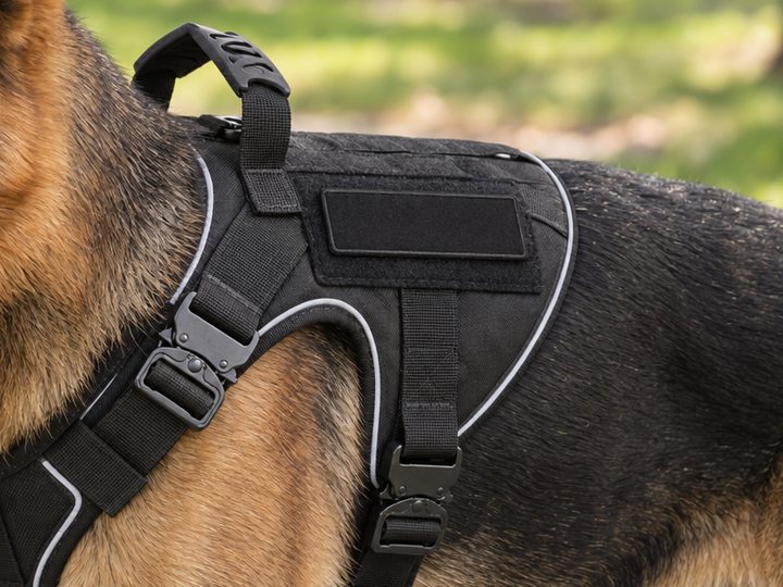 Close view of a K9 Black Team K9 harness on a German Shepherd, with a name patch on its side panel