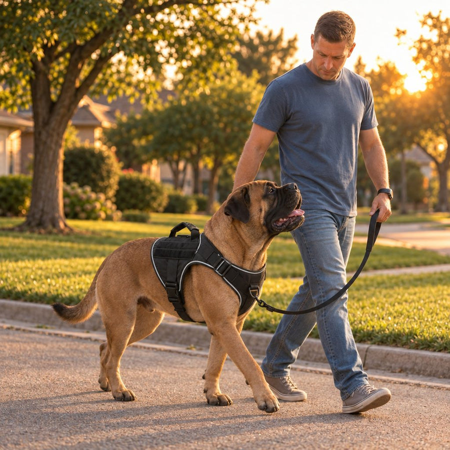 Bullmastiff in a K9 Black Team K9 harness walking on a leash beside its owner on a neighborhood street at sunset