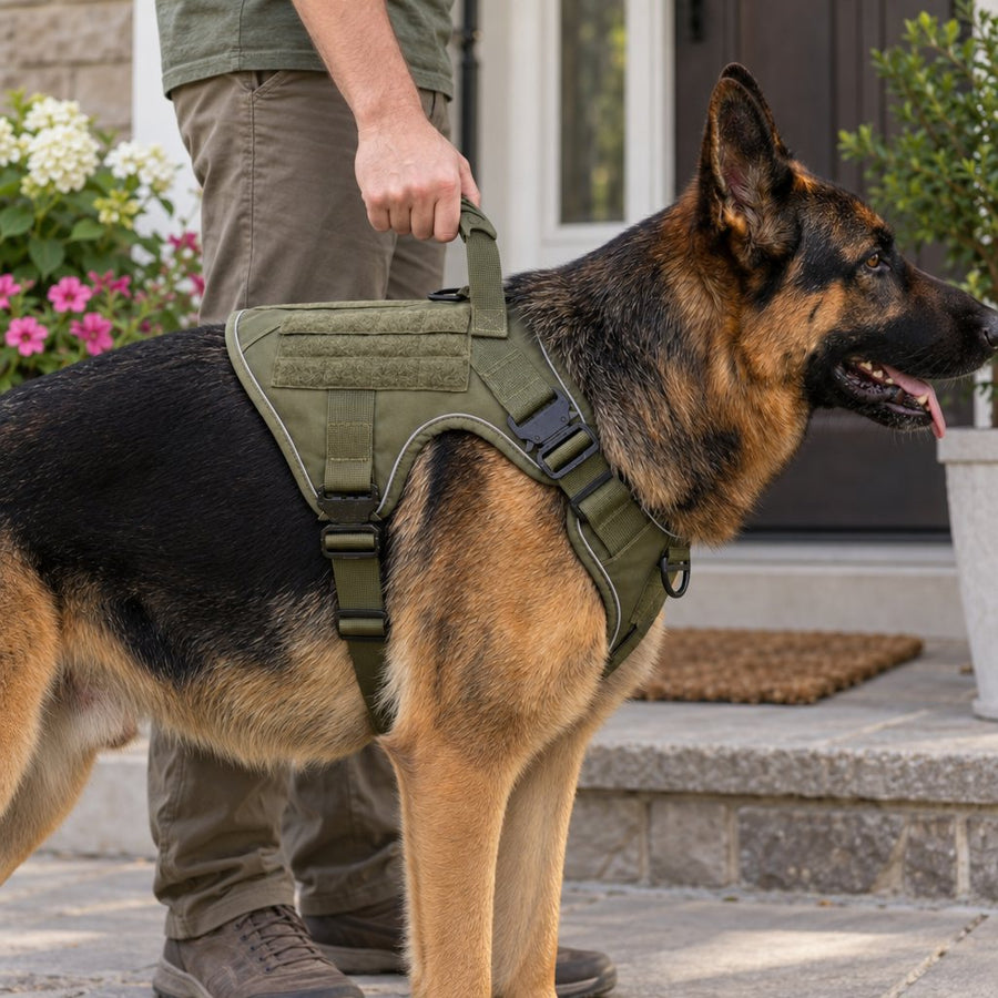 A hand gripping the rubber top handle of an Olive Drab Green Team K9 harness on a German Shepherd at a front doorway