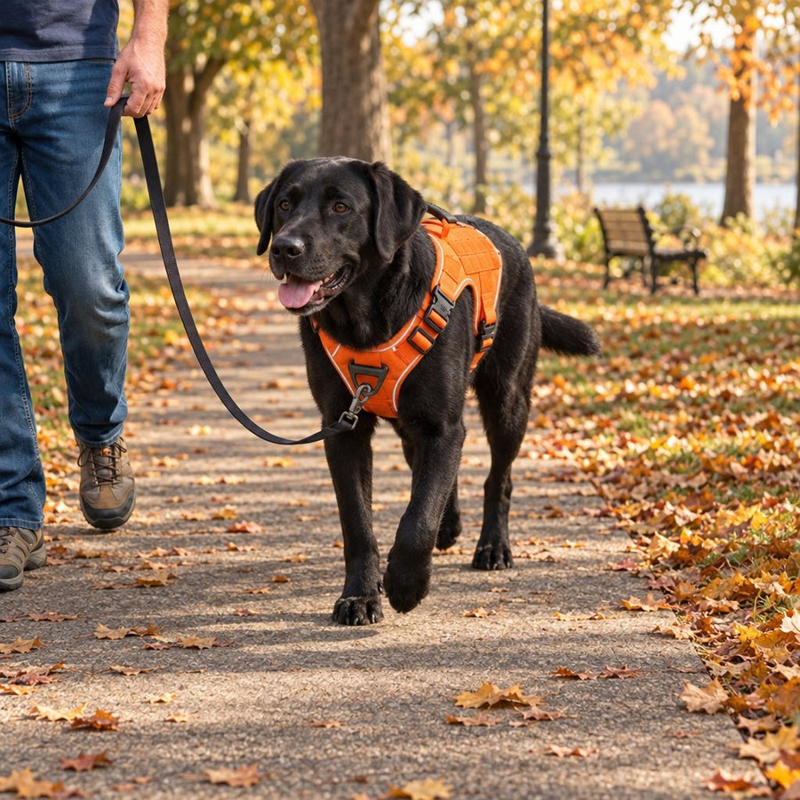 Black Labrador in a Blaze Orange Team K9 harness walking with the leash clipped to the front V-ring