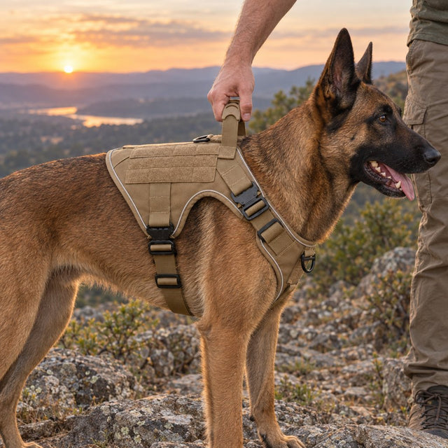 A hand on the rubber-grip top handle of a Desert Brown Team K9 harness, steadying a Belgian Malinois on a rocky trail at sunset