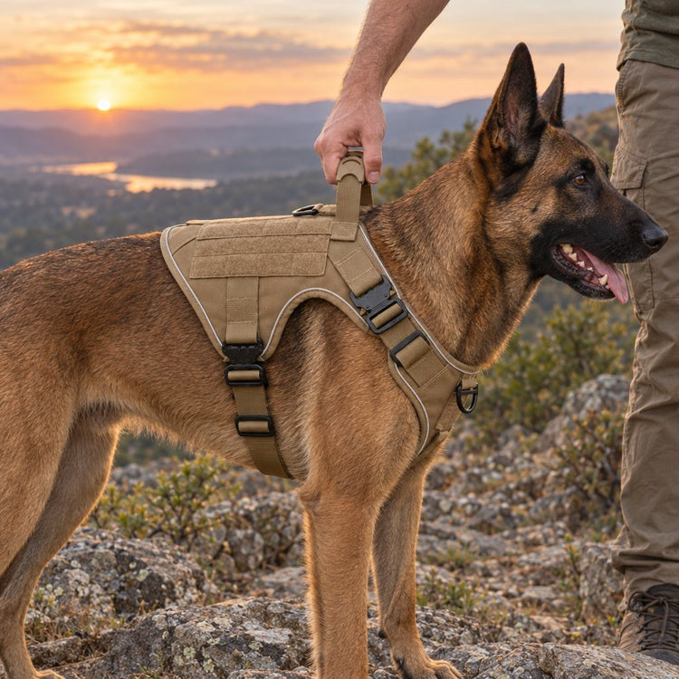 A hand on the rubber-grip top handle of a Desert Brown Team K9 harness, steadying a Belgian Malinois on a rocky trail at sunset