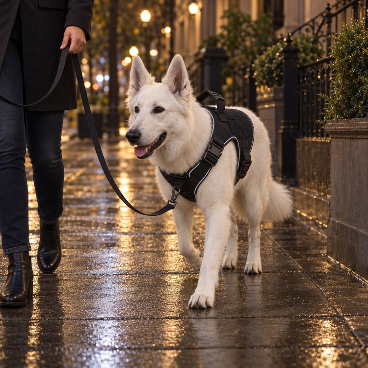White Swiss Shepherd on a night walk with the leash clipped to the front V-ring of its K9 Black Team K9 harness, the reflective piping catching the street light