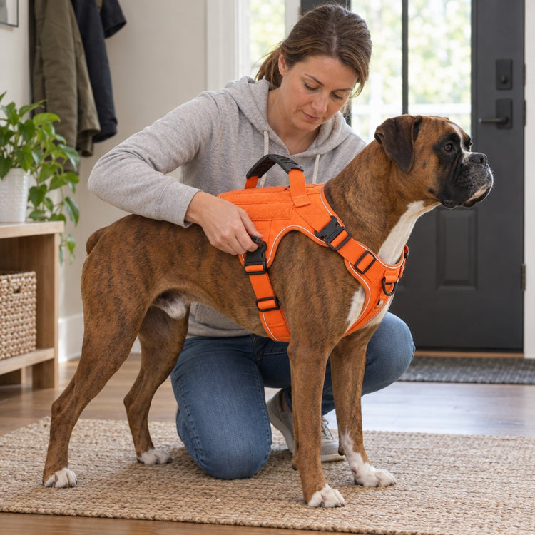 Owner kneeling beside a Boxer and fastening a metal buckle on its Blaze Orange Team K9 harness in an entry hall