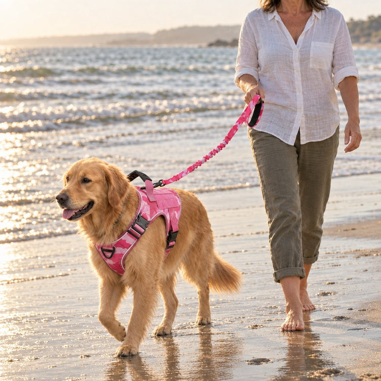 Golden Retriever walking on the beach in a Pink Camo Team K9 harness on the matching bungee leash