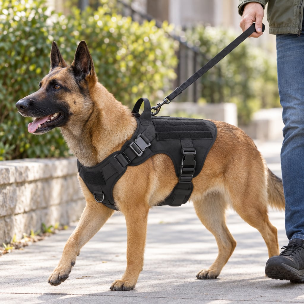 A dog on a walk in the Team K9 Classic no-pull harness, the leash clipped to the harness