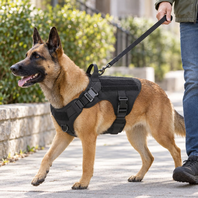 Belgian Malinois walking on a leash in a black Team K9 Classic harness