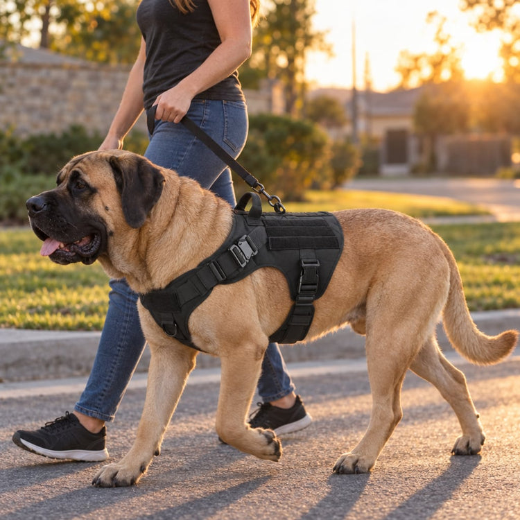 Mastiff in an extra-large K9 Black Team K9 Classic harness walking on a leash beside its owner